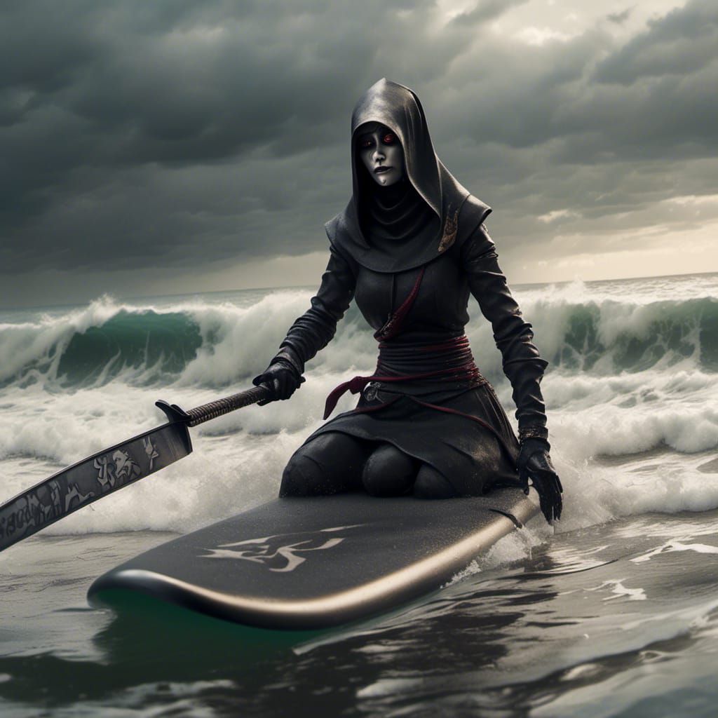 Evil Nun Surfing with Katana in Brutalist Folk Art