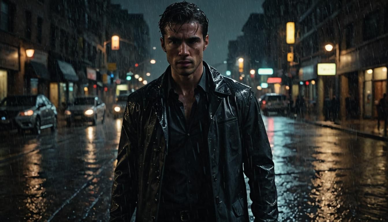 Neo-Noir Male in Rain-Soaked City Night