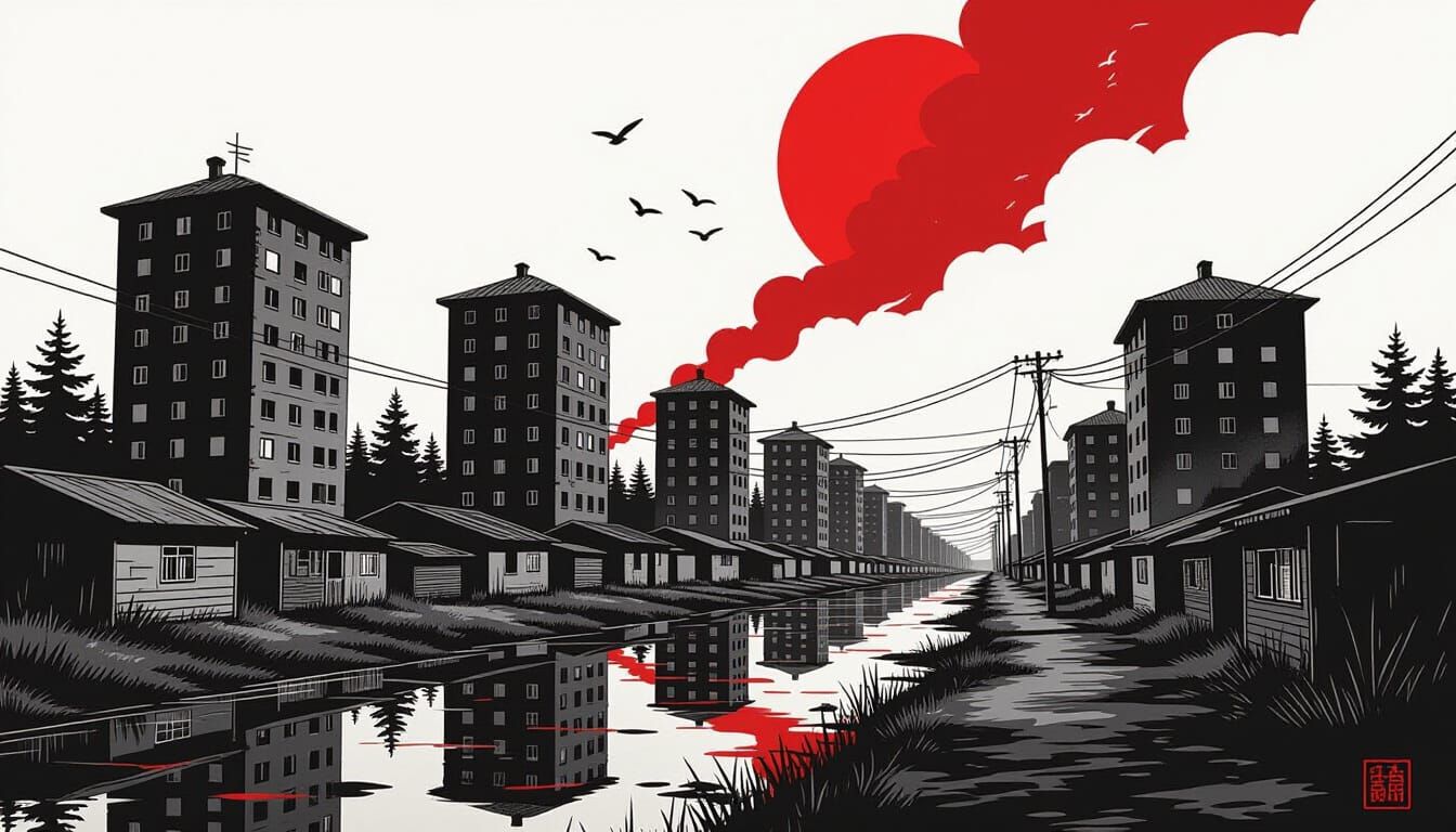 Ink Noir Bloodshed Texture with Soviet Houses