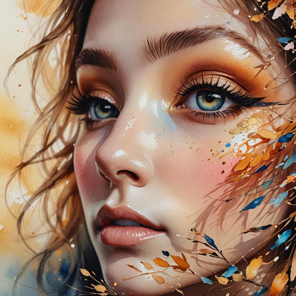 Woman with Long Eyelashes in Watercolor Style