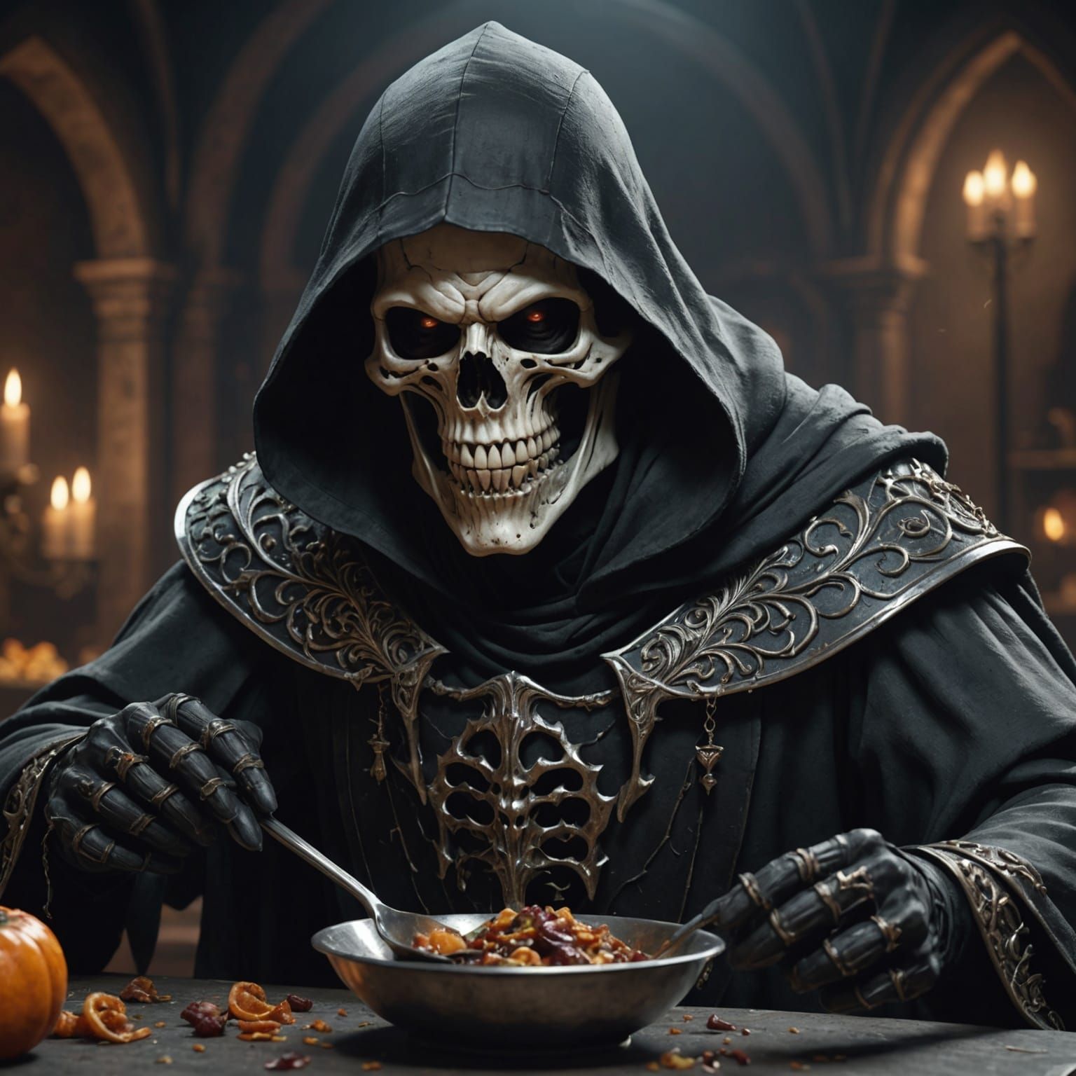 Hyperrealistic Reaper About to Use a Spoon