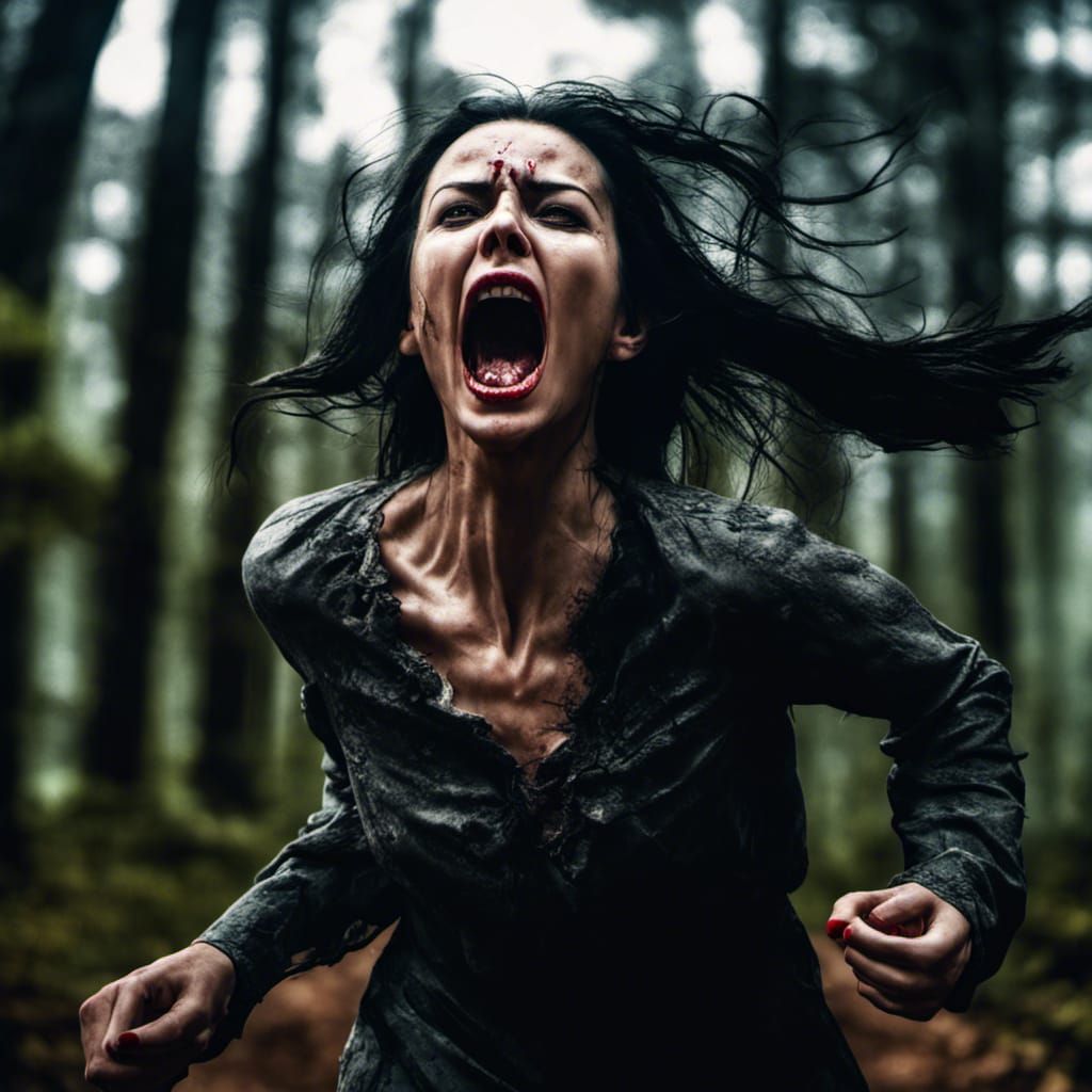 Screaming Woman's Forest Escape: Hyperrealistic Horror