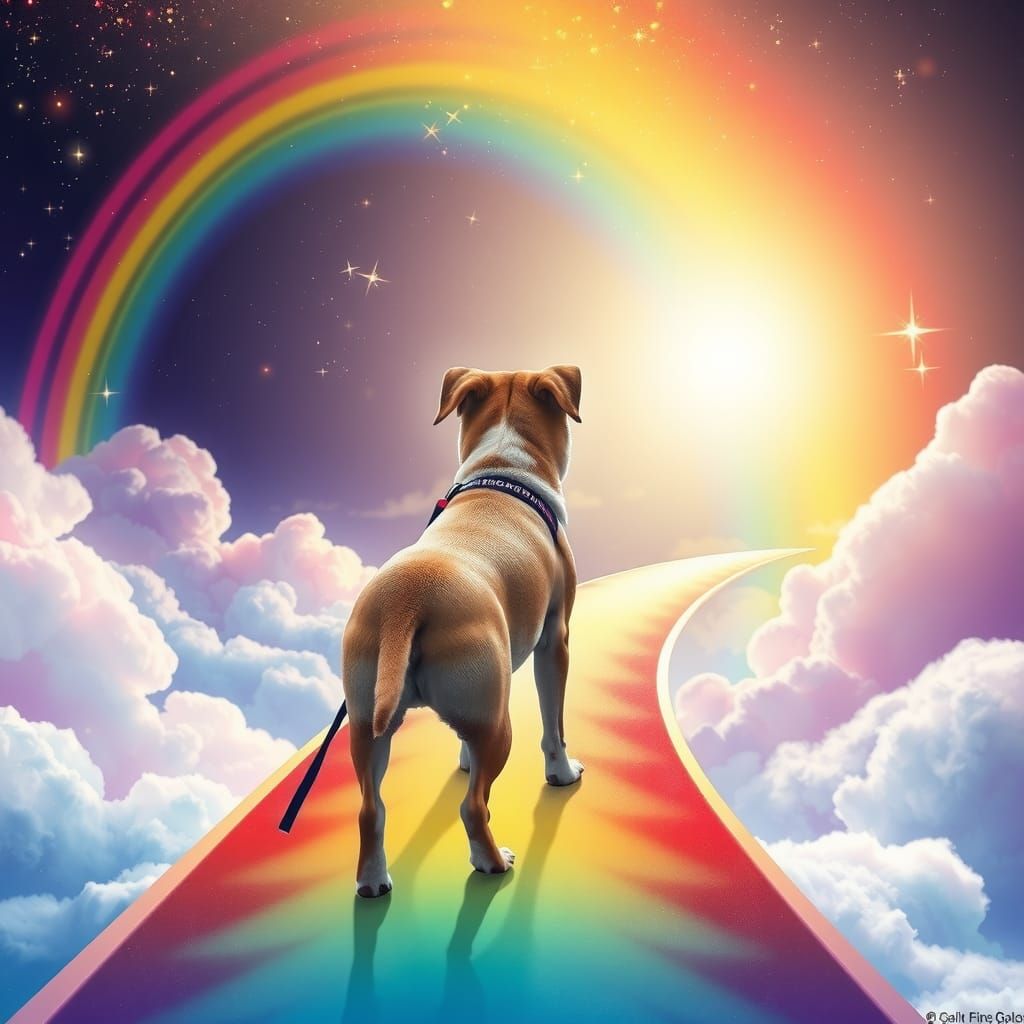 (A rainbow bridge 1.4) with a dog standing on it approaching...