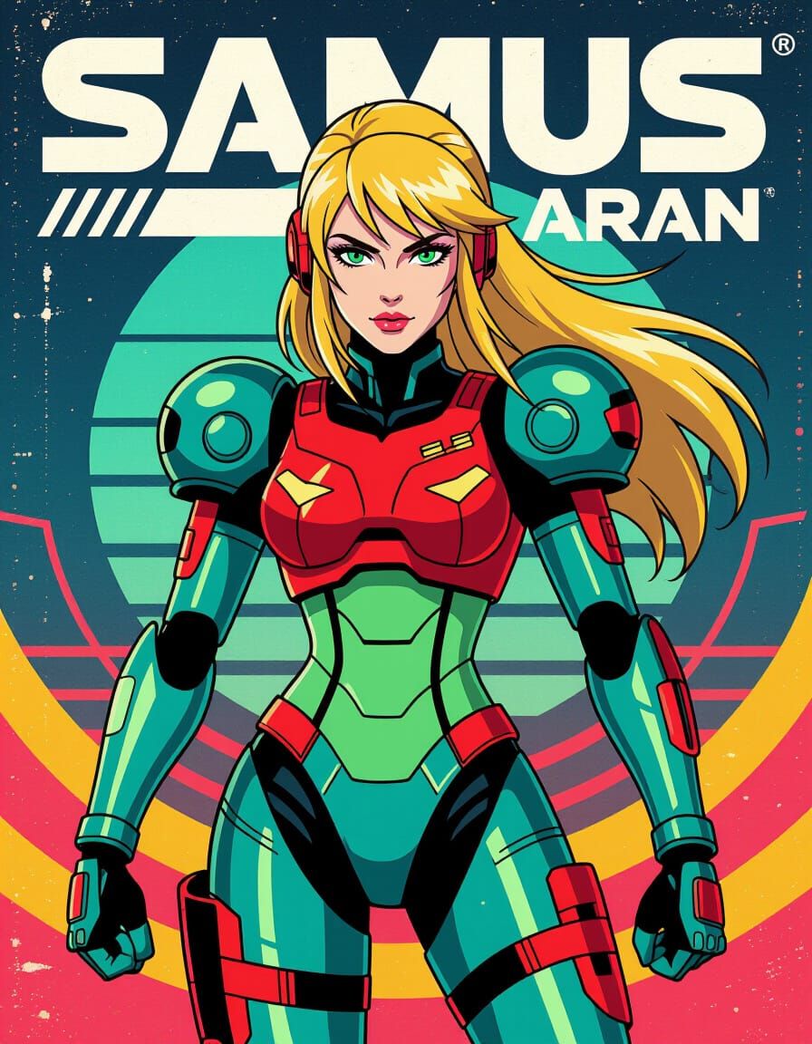 Samus Aran in Vintage Retro Futurism Art Style