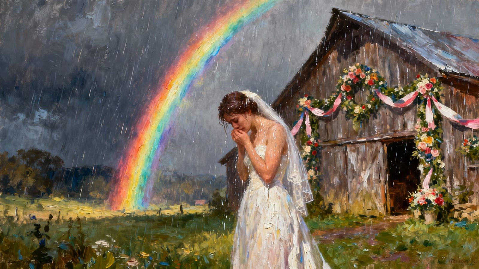 Bride in Rain with Rainbow, Oil Painting Style