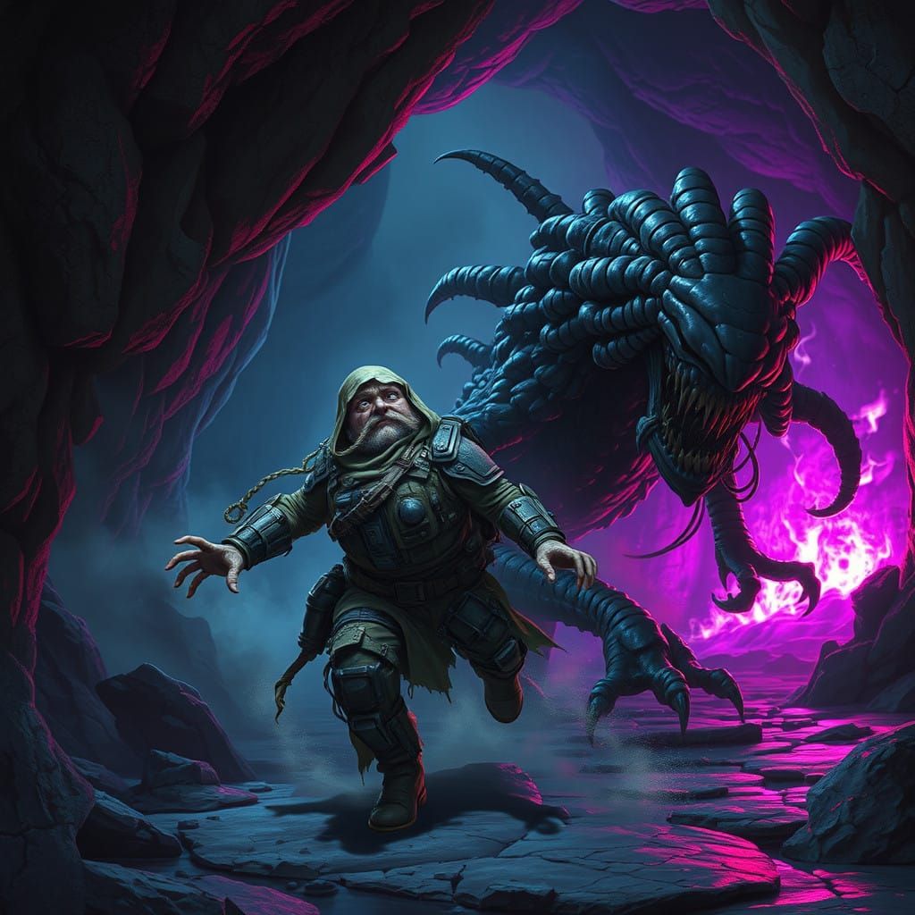 Cyberpunk Space Dwarf Fleeing Dark Demon in Industrial Cave