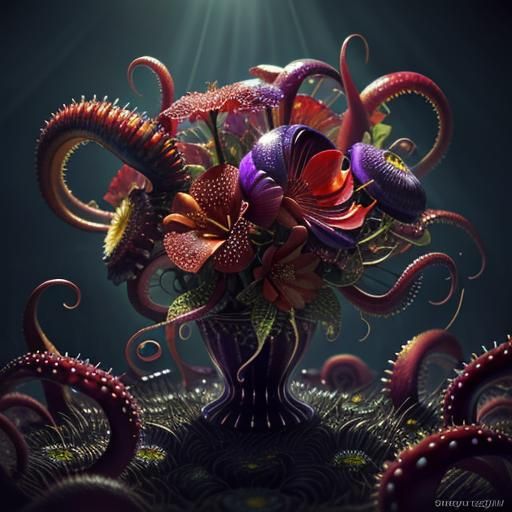 A flower with red and purple octopus tentacles for petals an...