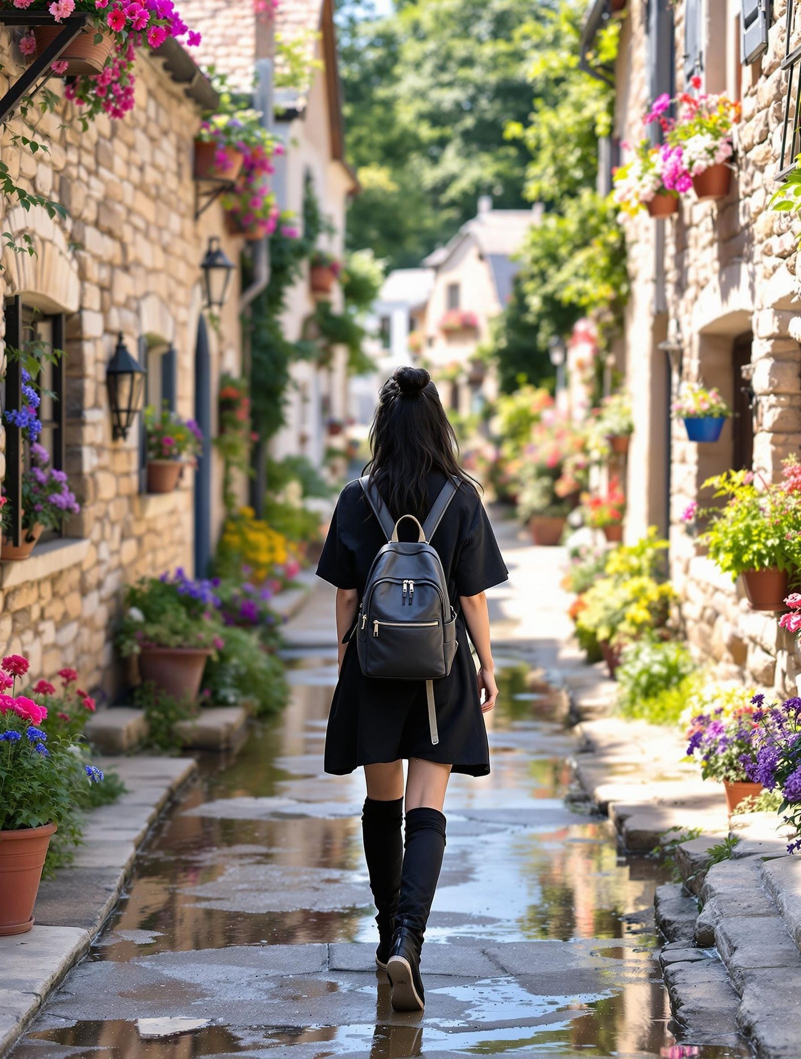 Storybook Village with Woman on Sunny Day
