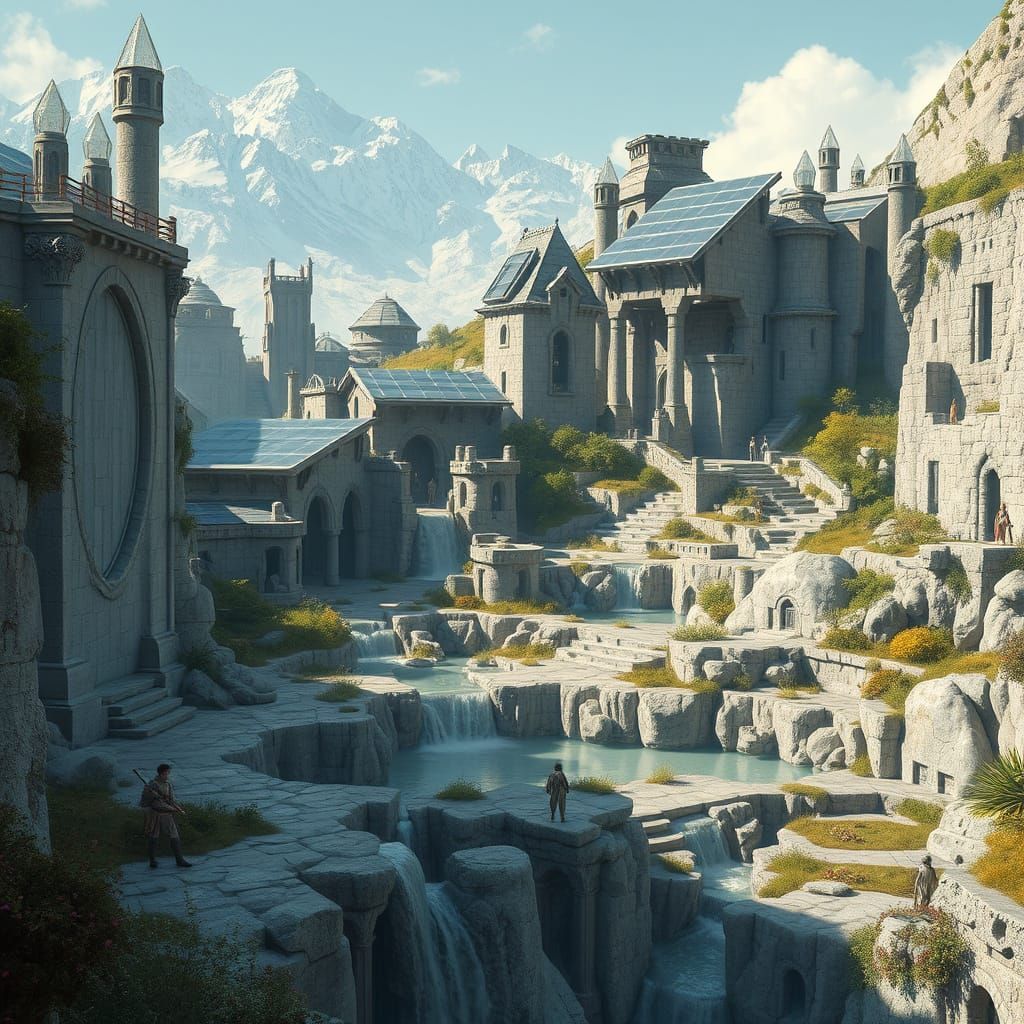 Solarpunk Haven in Ancient Snow Elf City Ruins