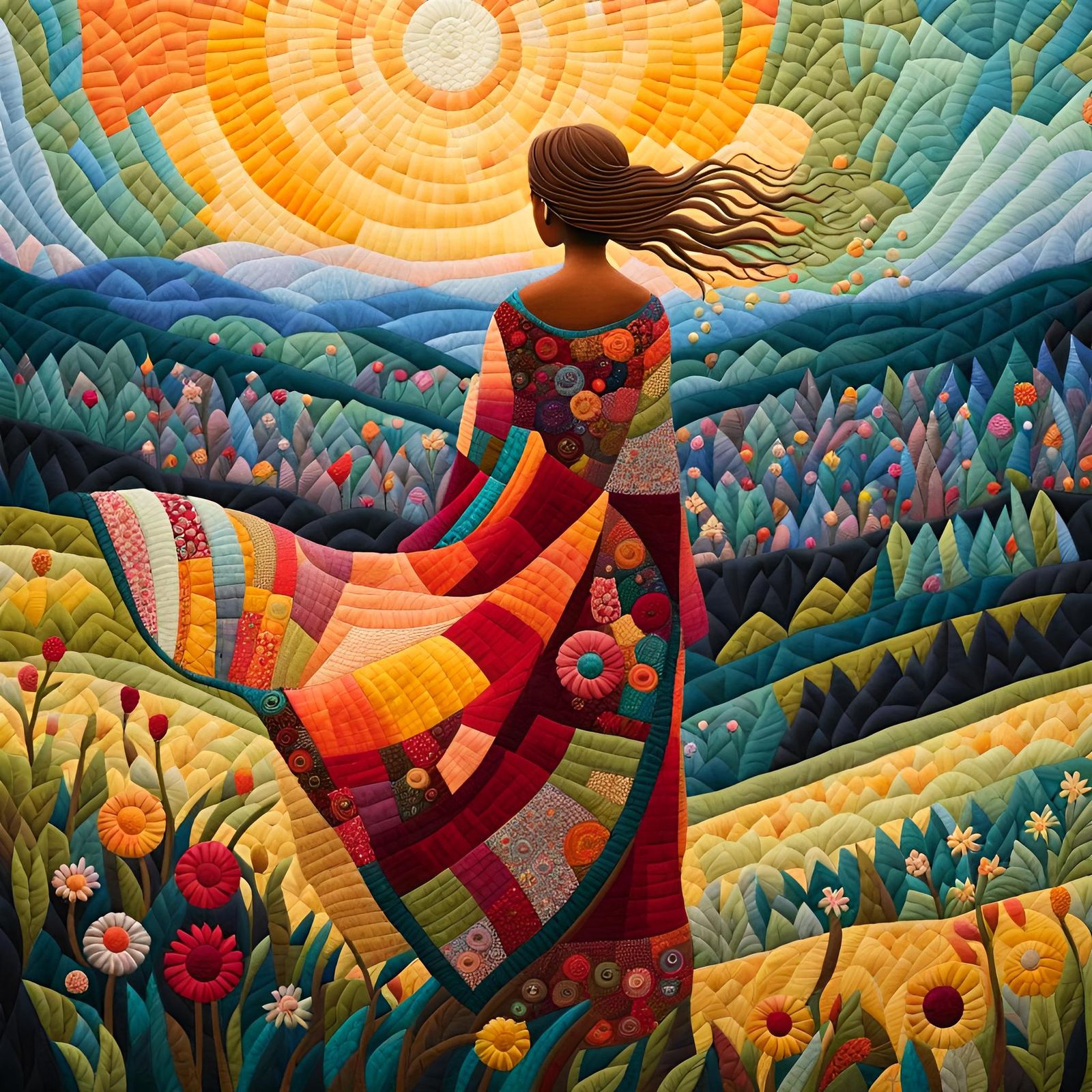 Detailed Quilt Artwork: Girl on Hill in Art Brut Style