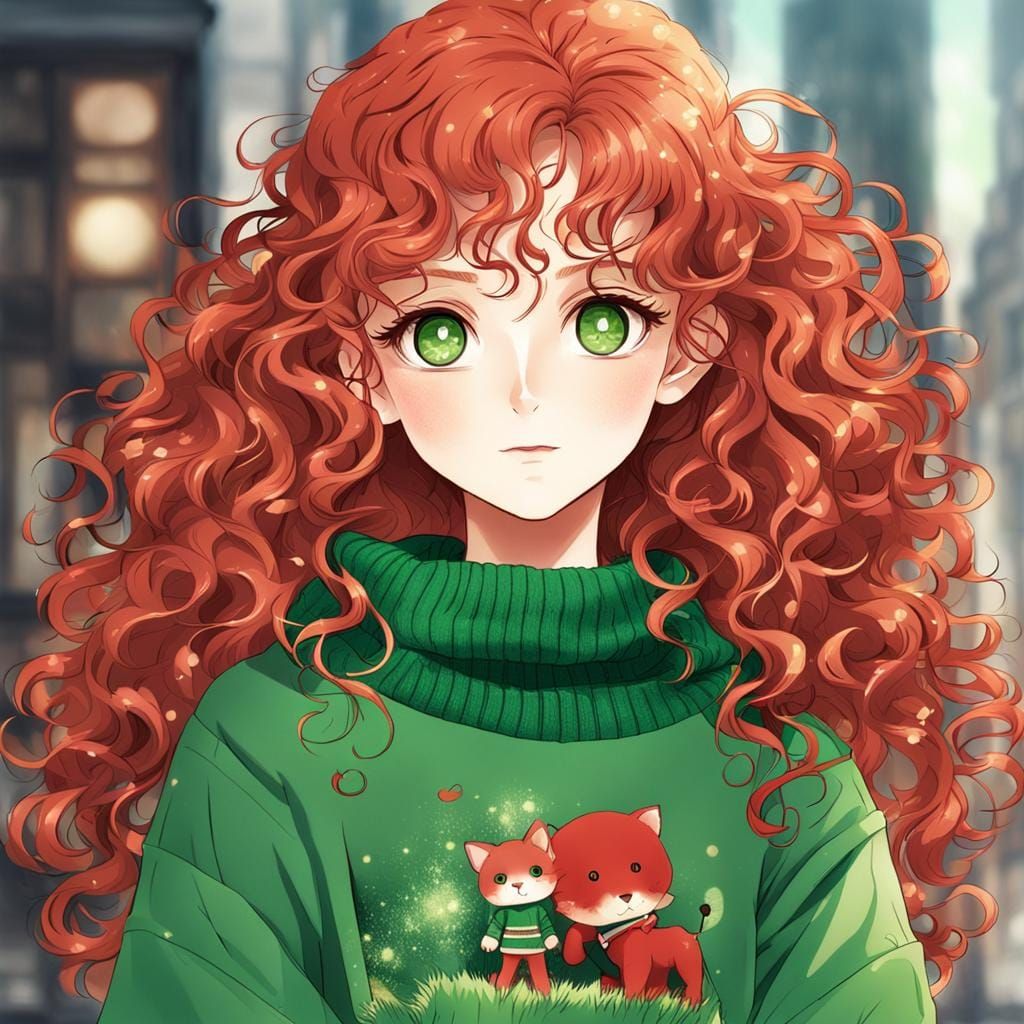 Beautiful Girl with Red Hair in Anime Style