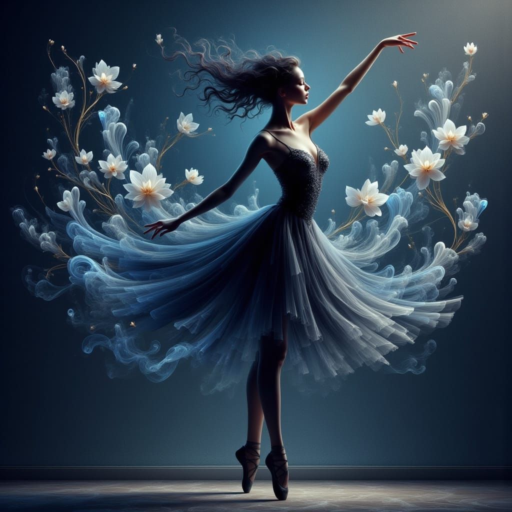 Silhouette Ballet Dancer on Blue Wall with Flowers