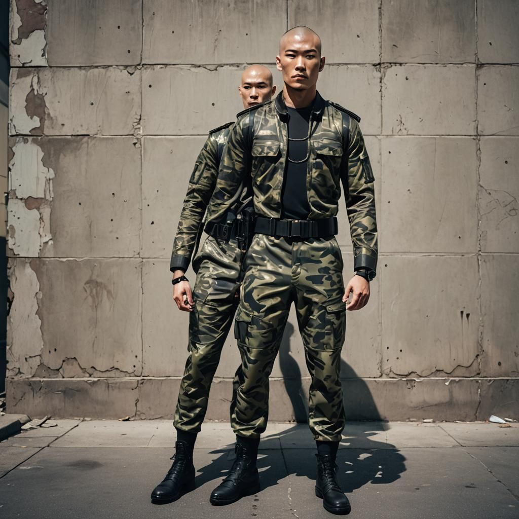 Muscular Asian Soldiers in Urban Camo Spandex
