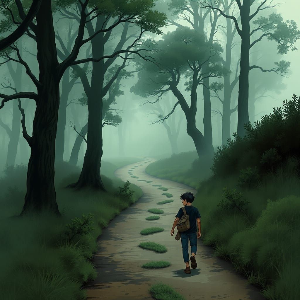 Boy Walks Misty Forest Path in Comic Book Style