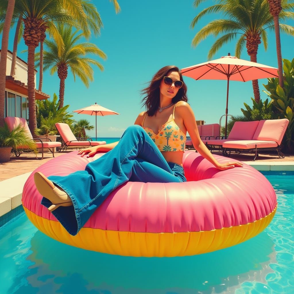 Glamorous Woman in Retro Poolside Oasis