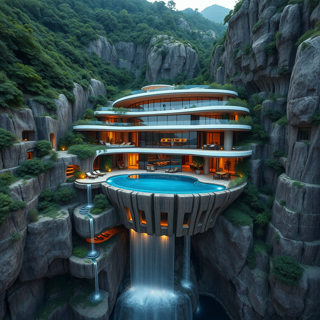 Futuristic Cliffside Villa with Infinity Pool, Digital Art