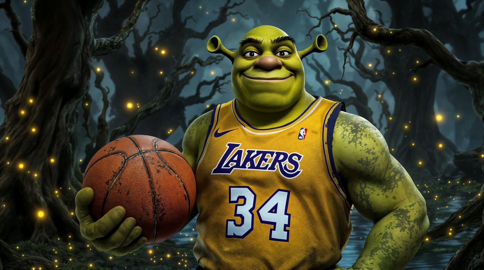 Shrek in Lakers Jersey, Holding Basketball in Swamp