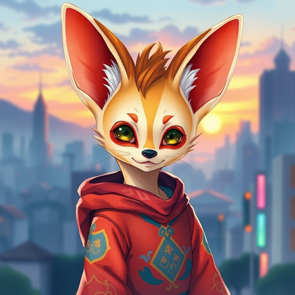 Anime Fennec Boy in Watercolor Cityscape