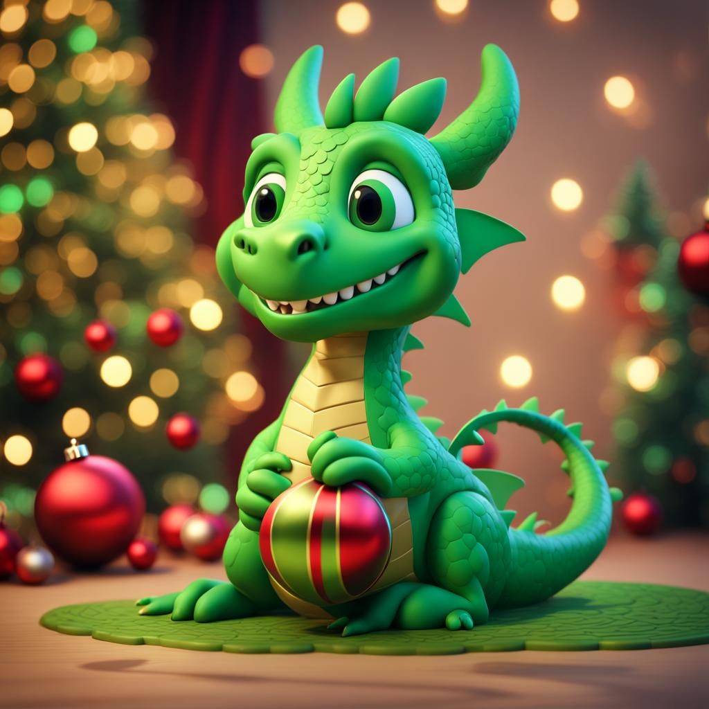 Cheerful Wooden Dragon Near Christmas Tree, 3D Art