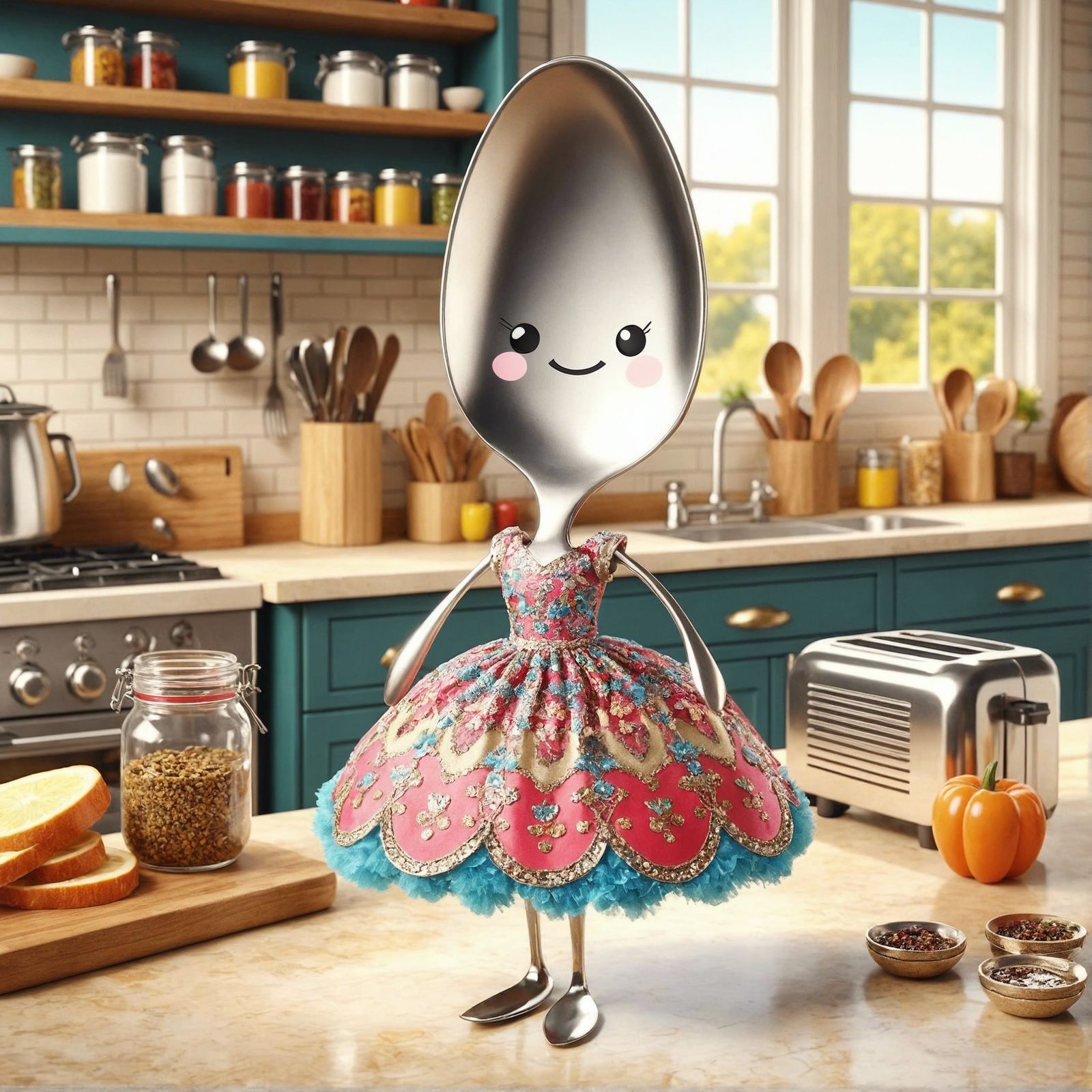 Cartoon Spoon Character in Kitchen, CGI Style