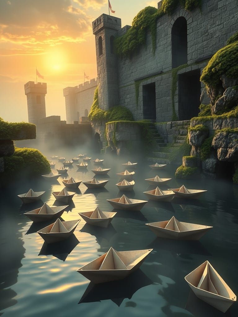 Majestic Fleet of Paper Boats in Ancient City's Emerald Moss