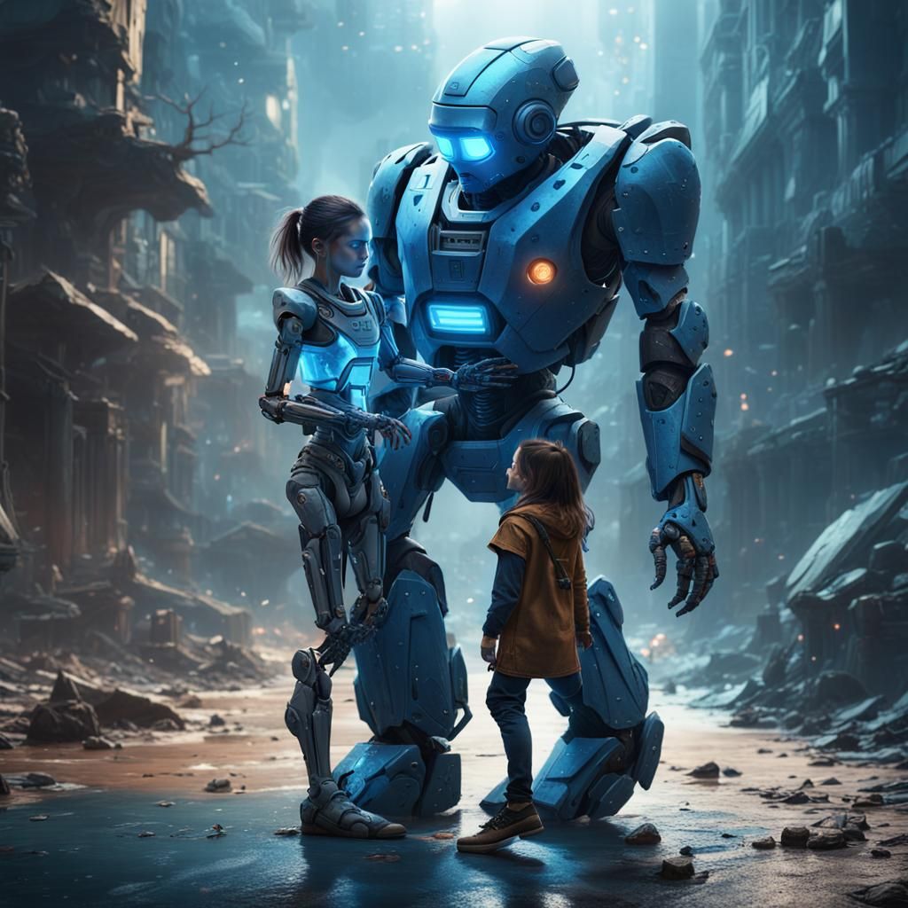 Robot Carries Dying Cyborg Girl: Realistic Cinematic Image