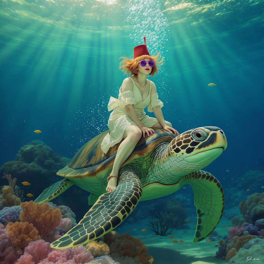 Woman Rides Sea Turtle in Whimsical Underwater Fantasy