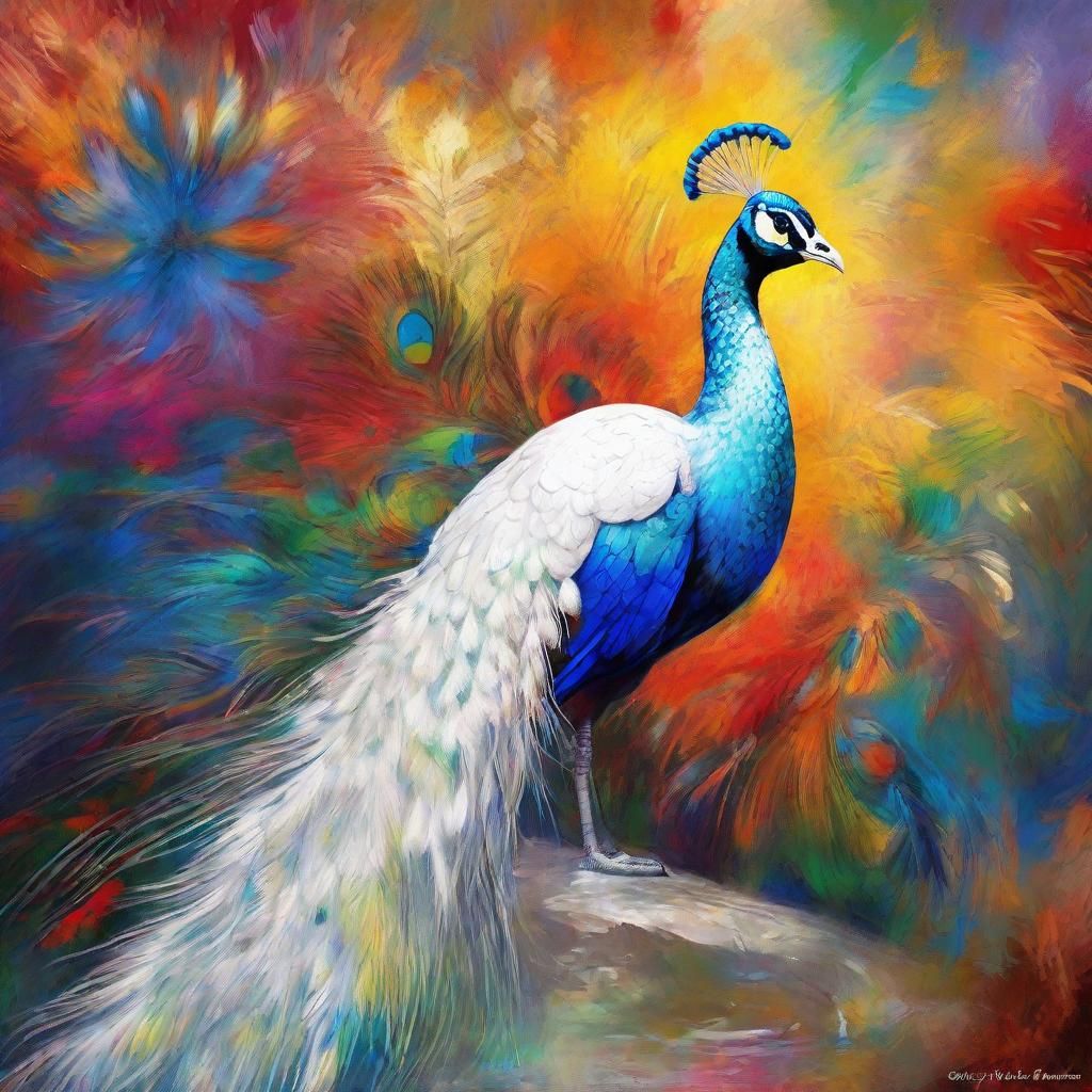 Elegant Peacock Fanning Colorful Feathers, Oil Painting