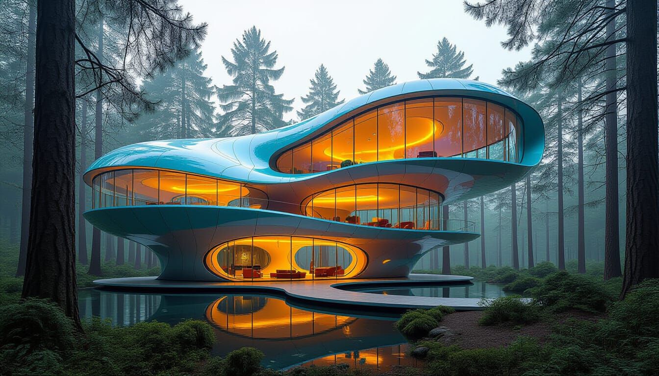 Futuristic Teslapunk Building in Fall Forest