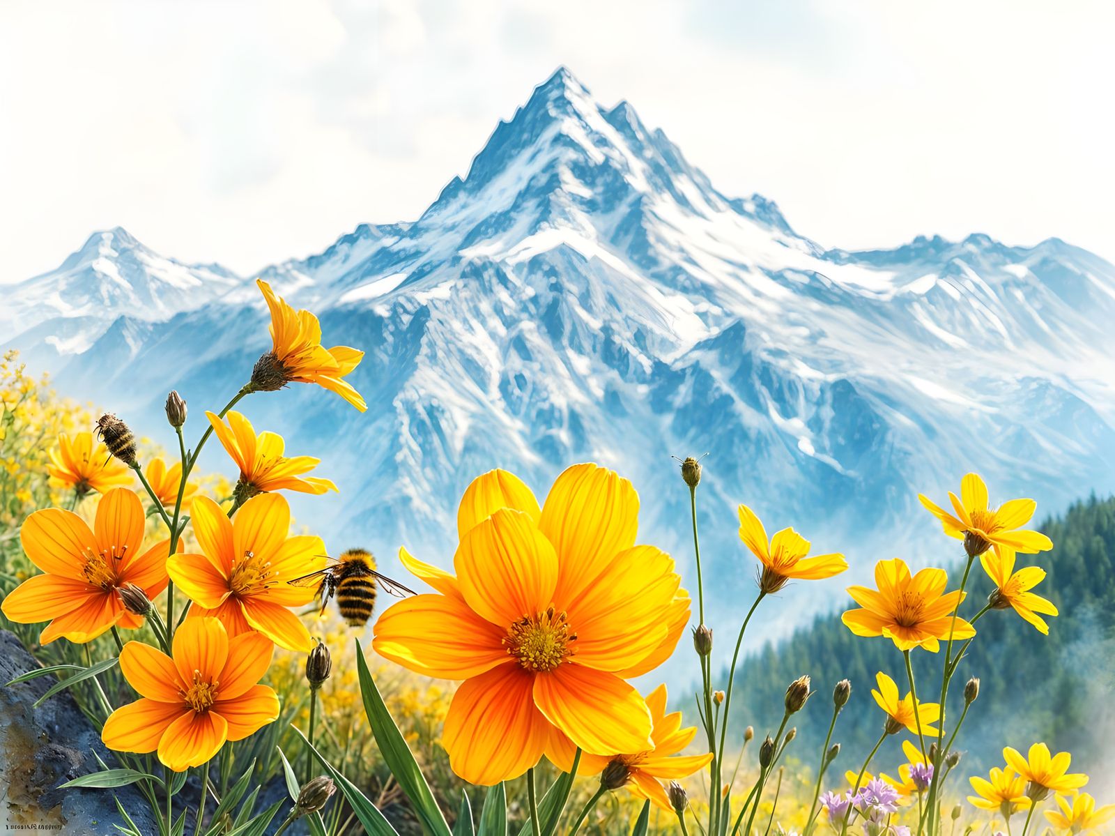 Watercolor Swiss Alps Landscape with Saffron Flowers and Bee
