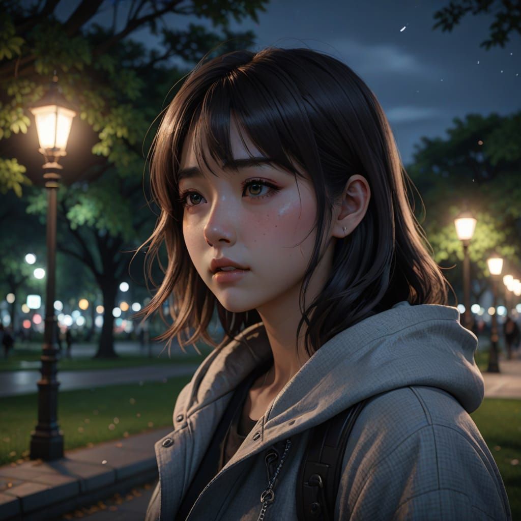 Sad Anime Woman Crying in Moody Park at Night