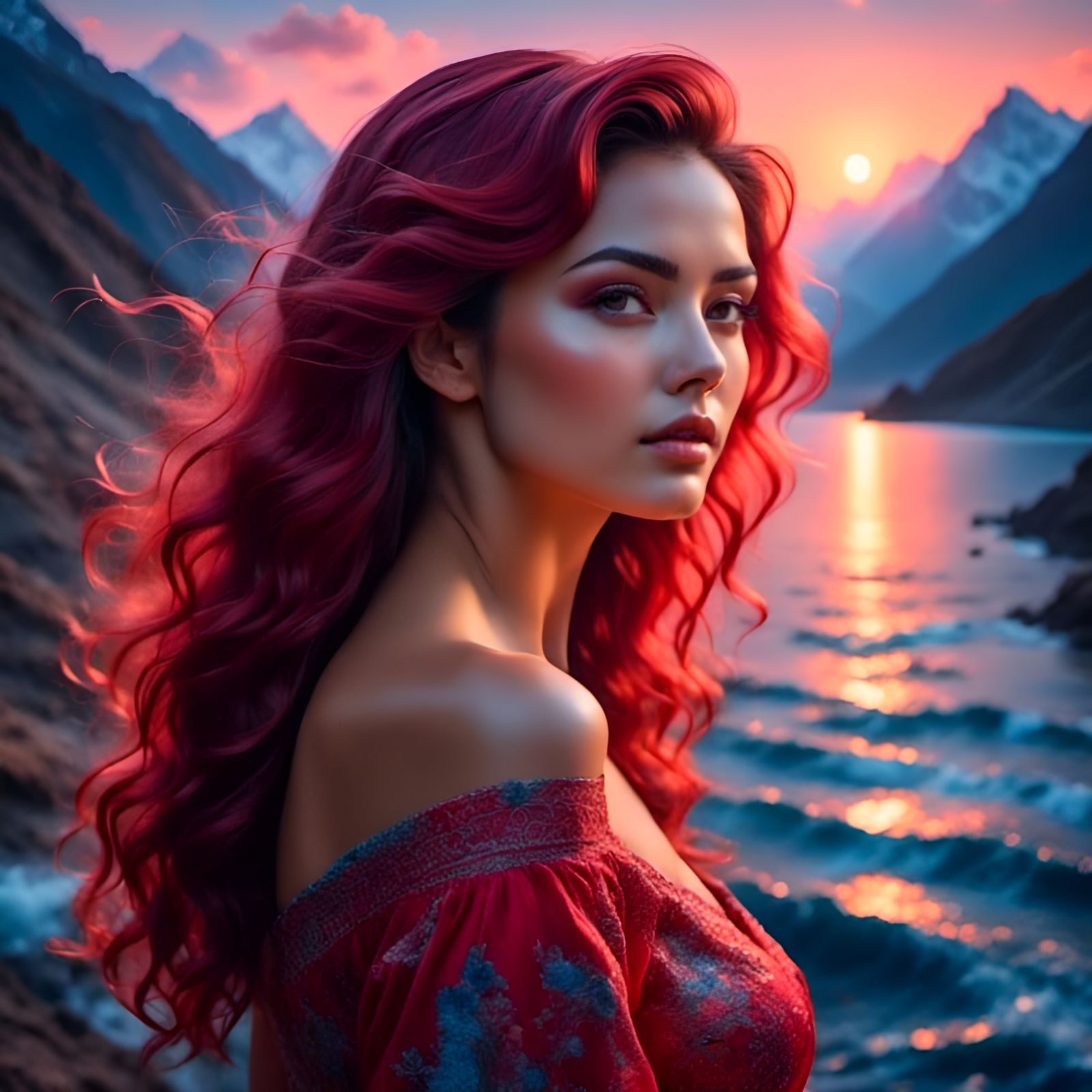 Crimson Waves at Dawn with Woman