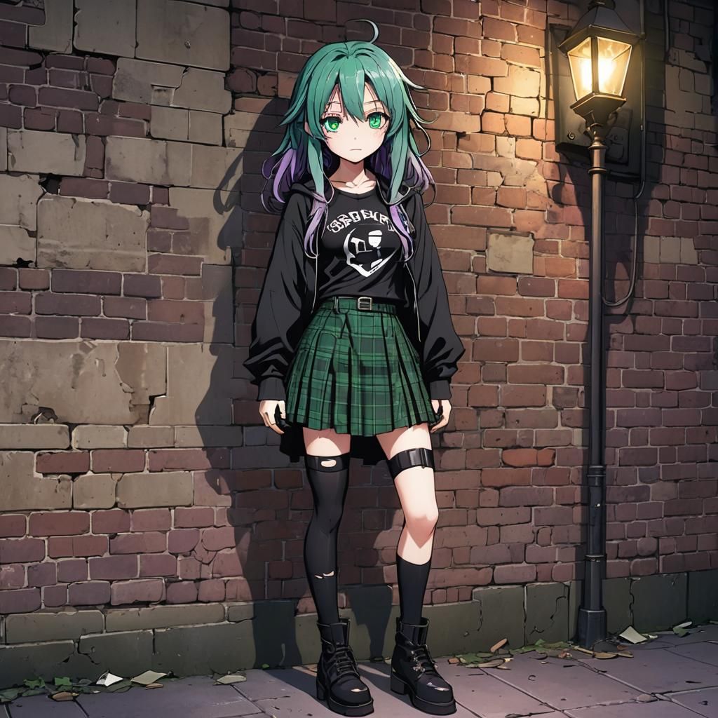 Anime Girl in Gothic Alleyway with Cybernetic Leg