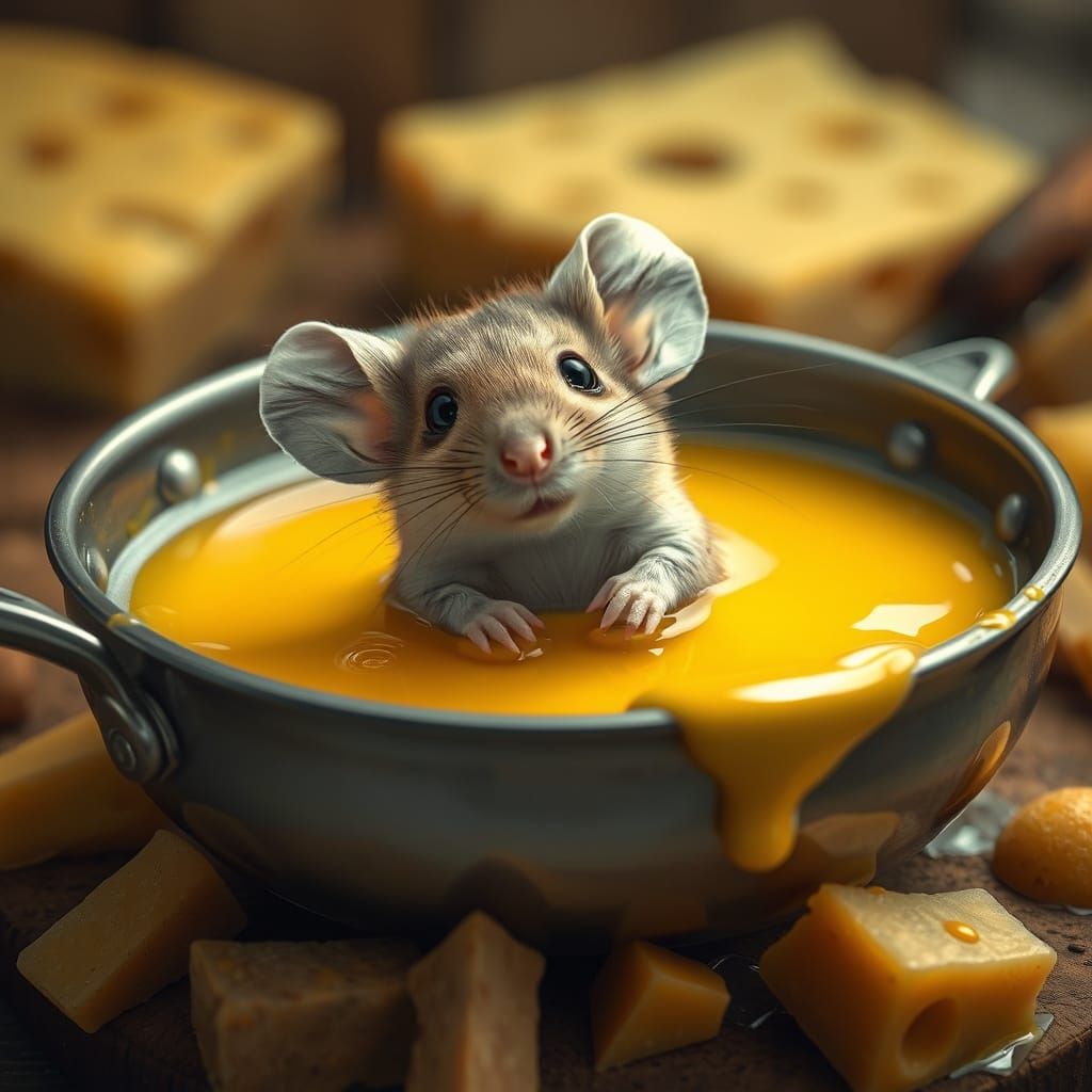 Hyperrealistic Mouse Swimming in Cheese Fondue