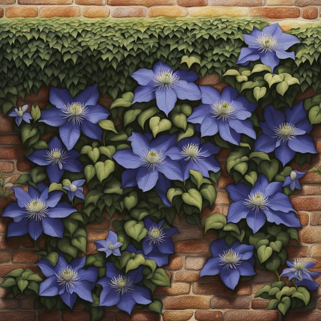 Blue Clematis Climbing a Garden Wall Matte Painting