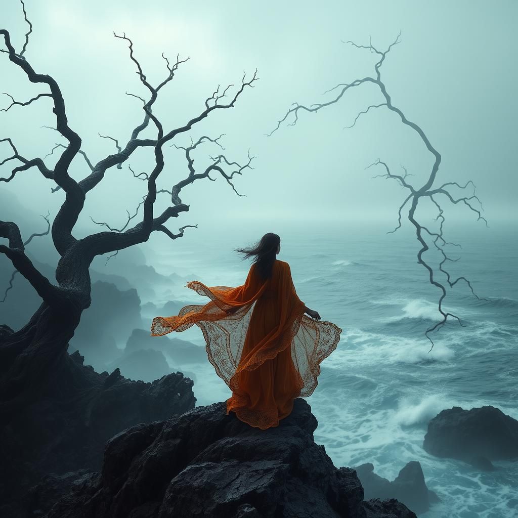 Melancholic Woman on Cliffside in Dystopian Landscape