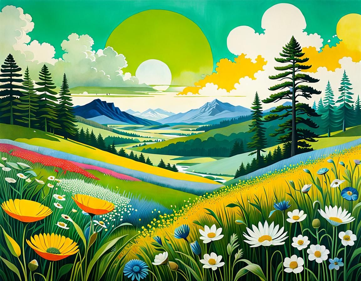 Surreal Floral Meadow Ecosystem in Gouache Style