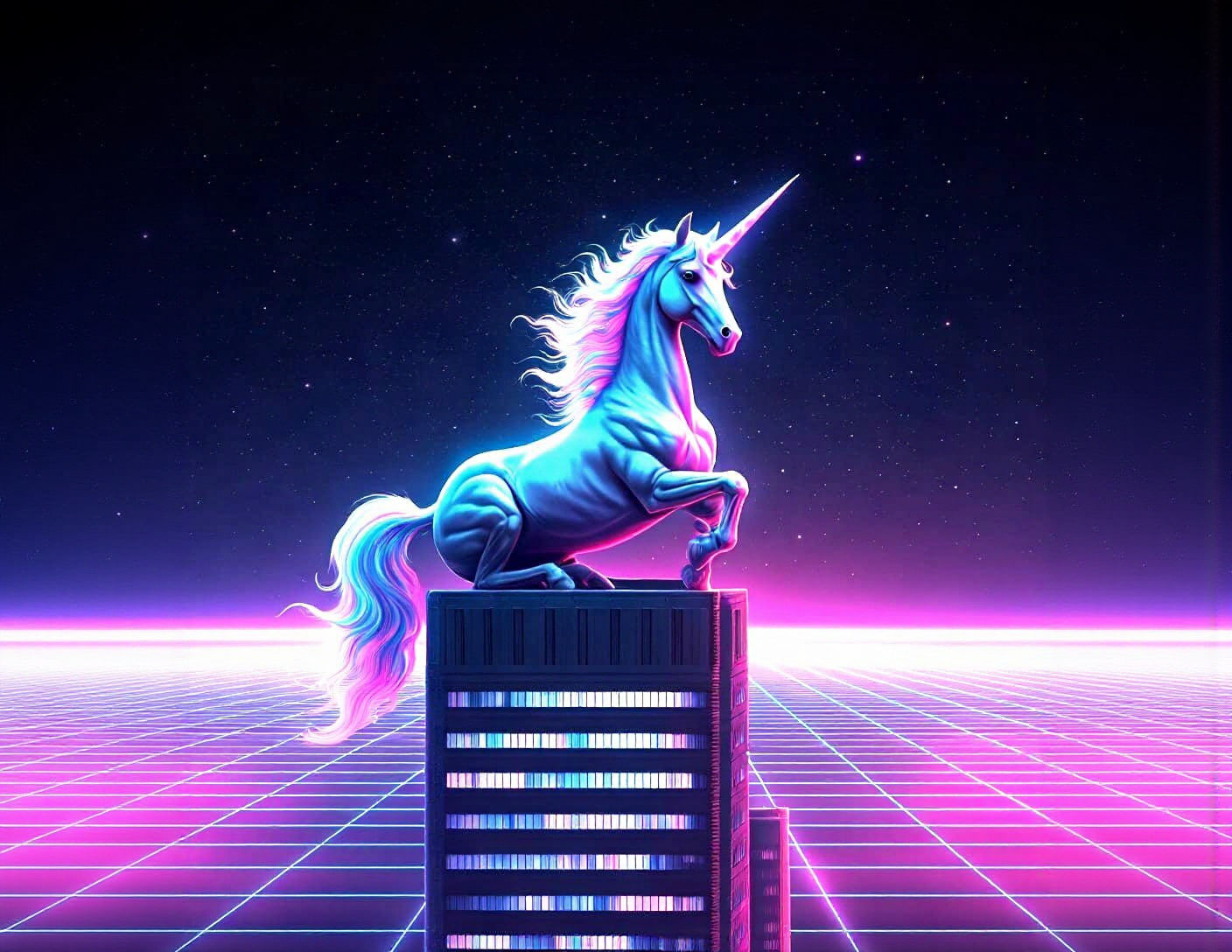 Cyberpunk Unicorn Perched Atop Futuristic City Building