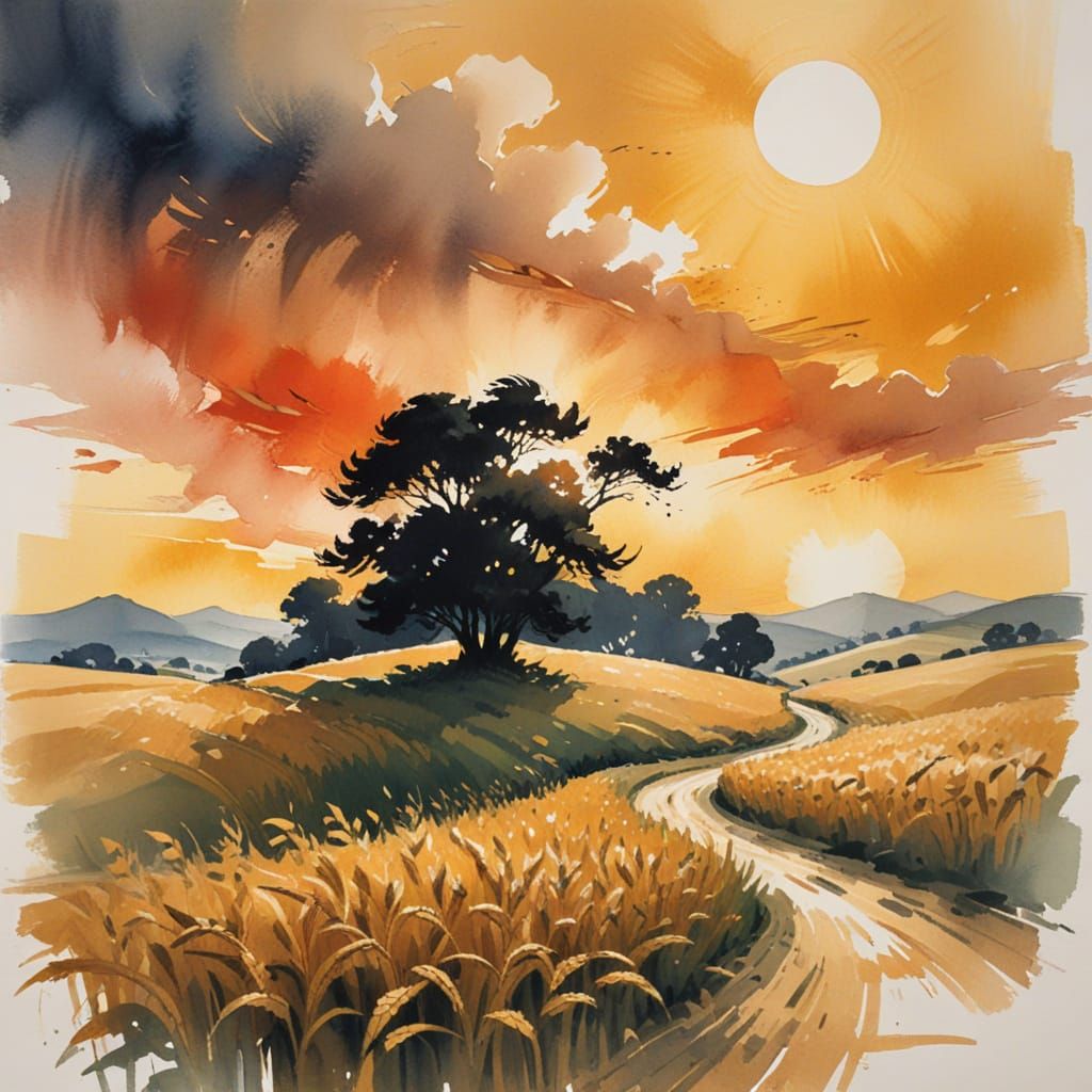 Sunset Over Golden Wheat Field: Ink Wash
