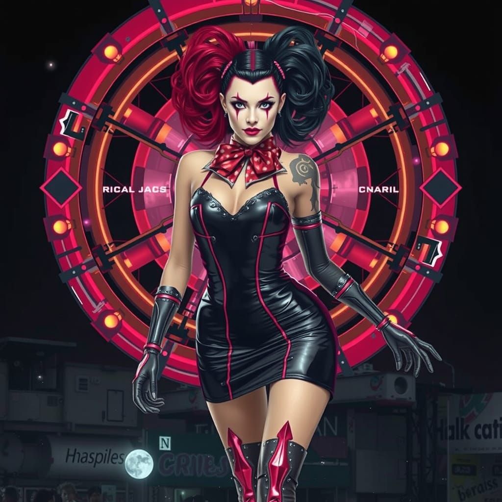 Cyberpunk Carnival Clown in Red Sequined Dress