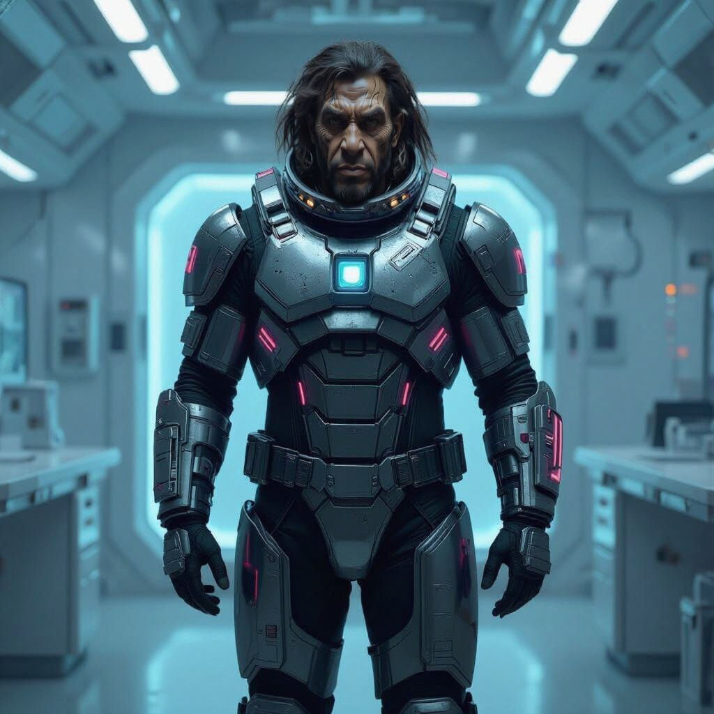 Neanderthal in Intricate Futuristic Spacesuit