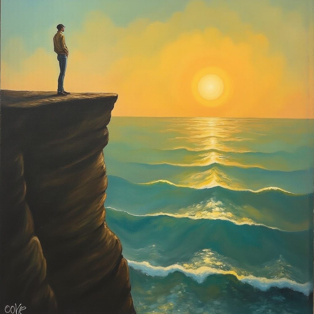 Contemplative Figure at Cliff's Edge in Rothko Style