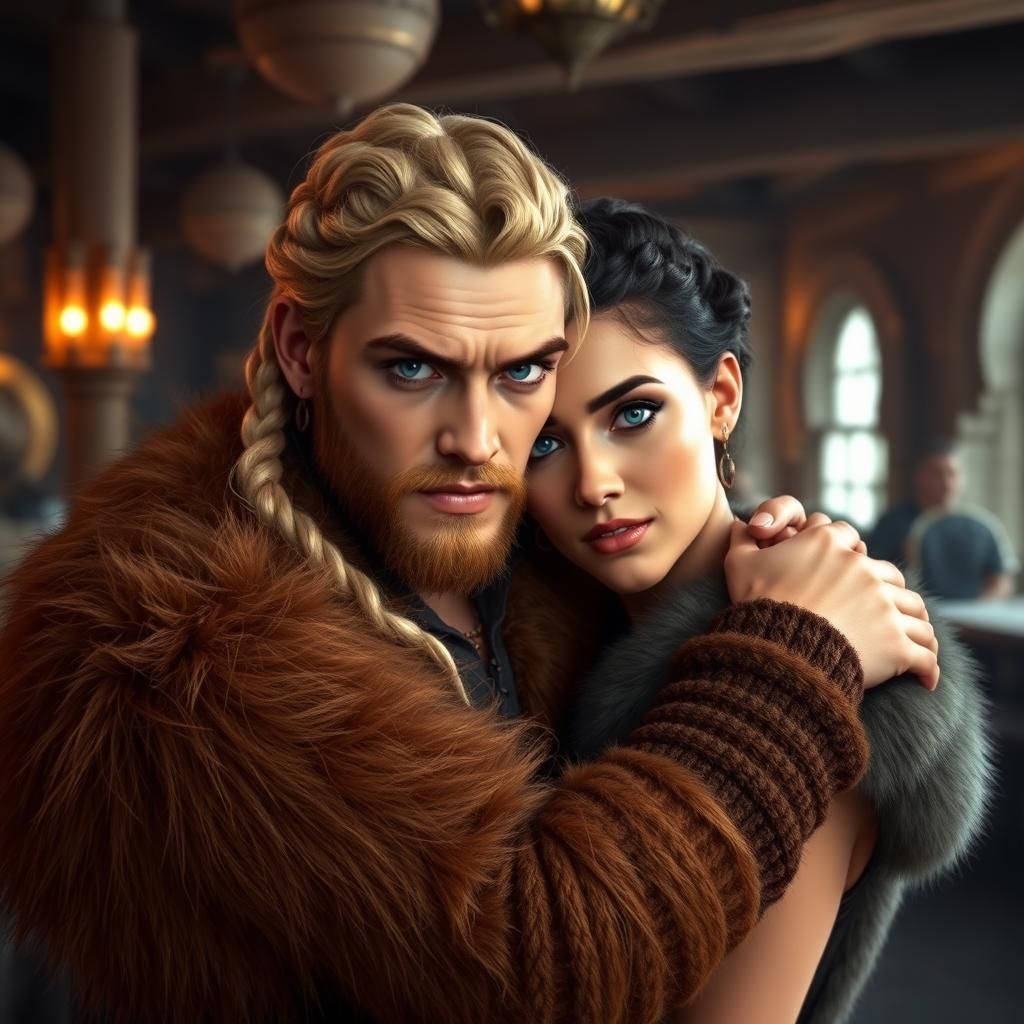 Barbarian Couple Embrace in Tavern