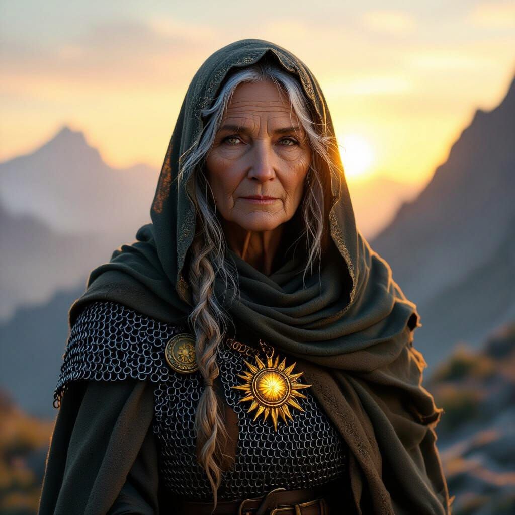 Aged Hermit Woman in Chainmail with Sun Amulet at Dawn