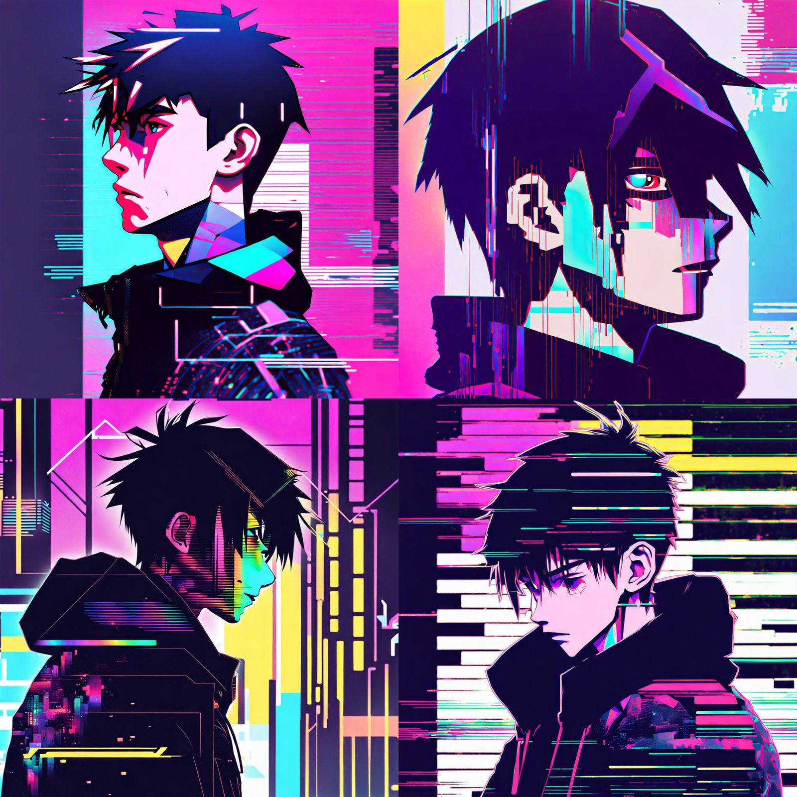 Glitched Anime Boy Profile in Cyberpunk Style