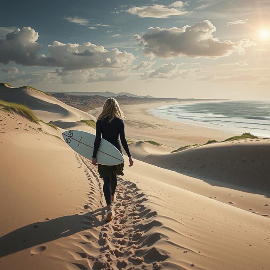 Fantasy style surfer girl walking down  a dune to the sea
