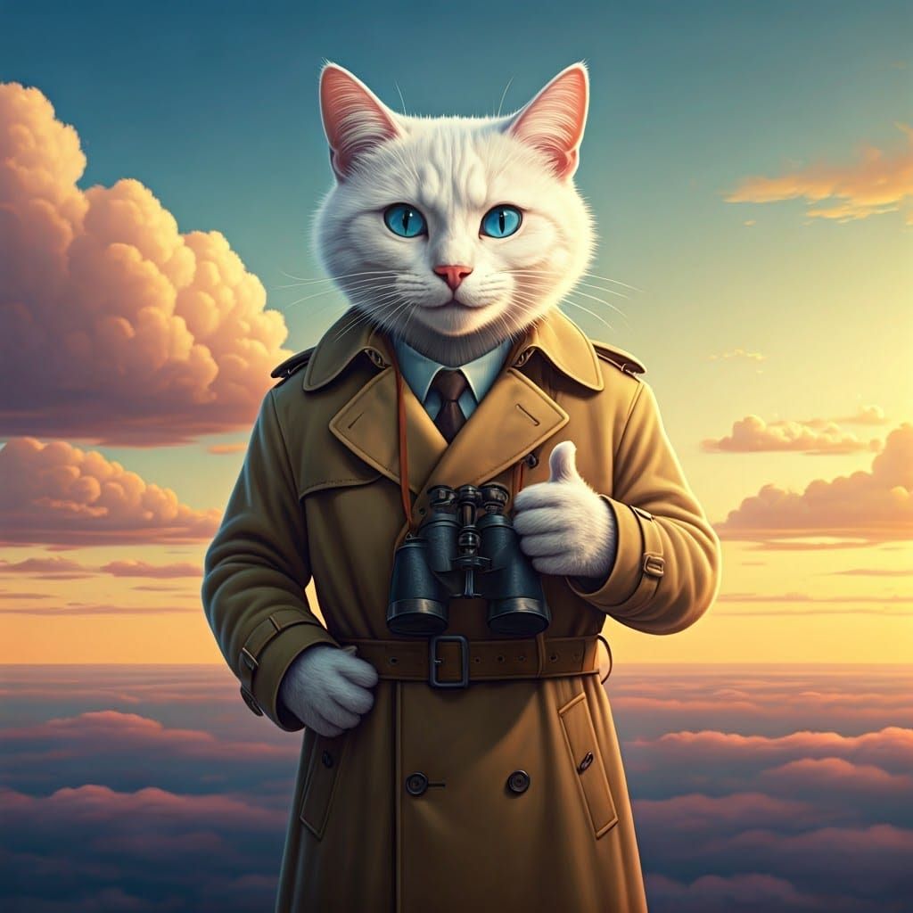 Whimsical Sunset Feline Adventurer with Binoculars and Thumb...