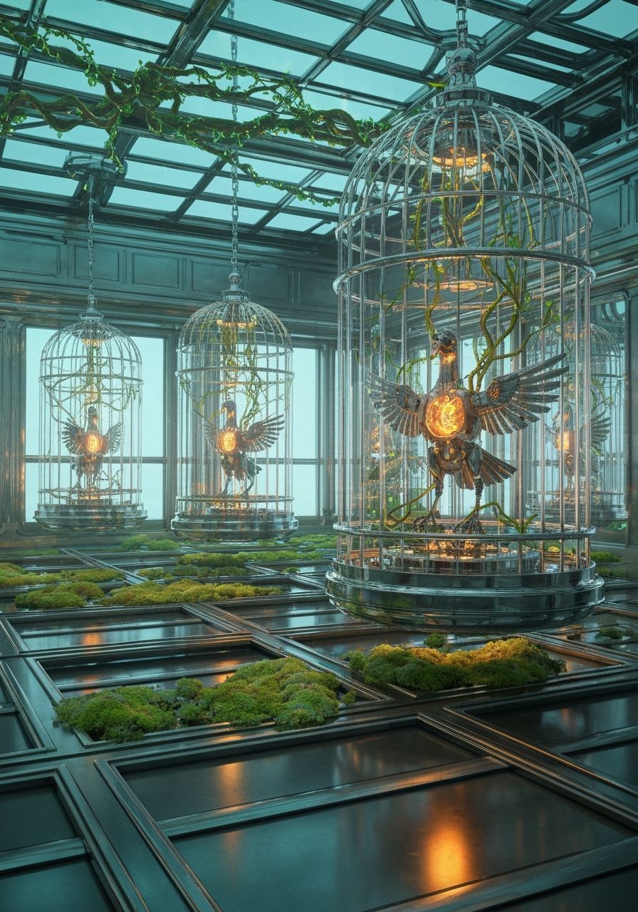 Futuristic Greenhouse with Robotic Birds
