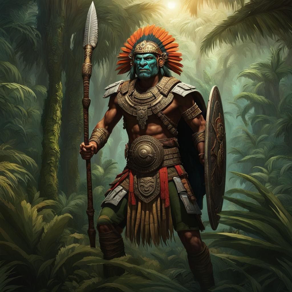 Mayan Warrior Hunting in Jungle Ruins: Dark Fantasy Art