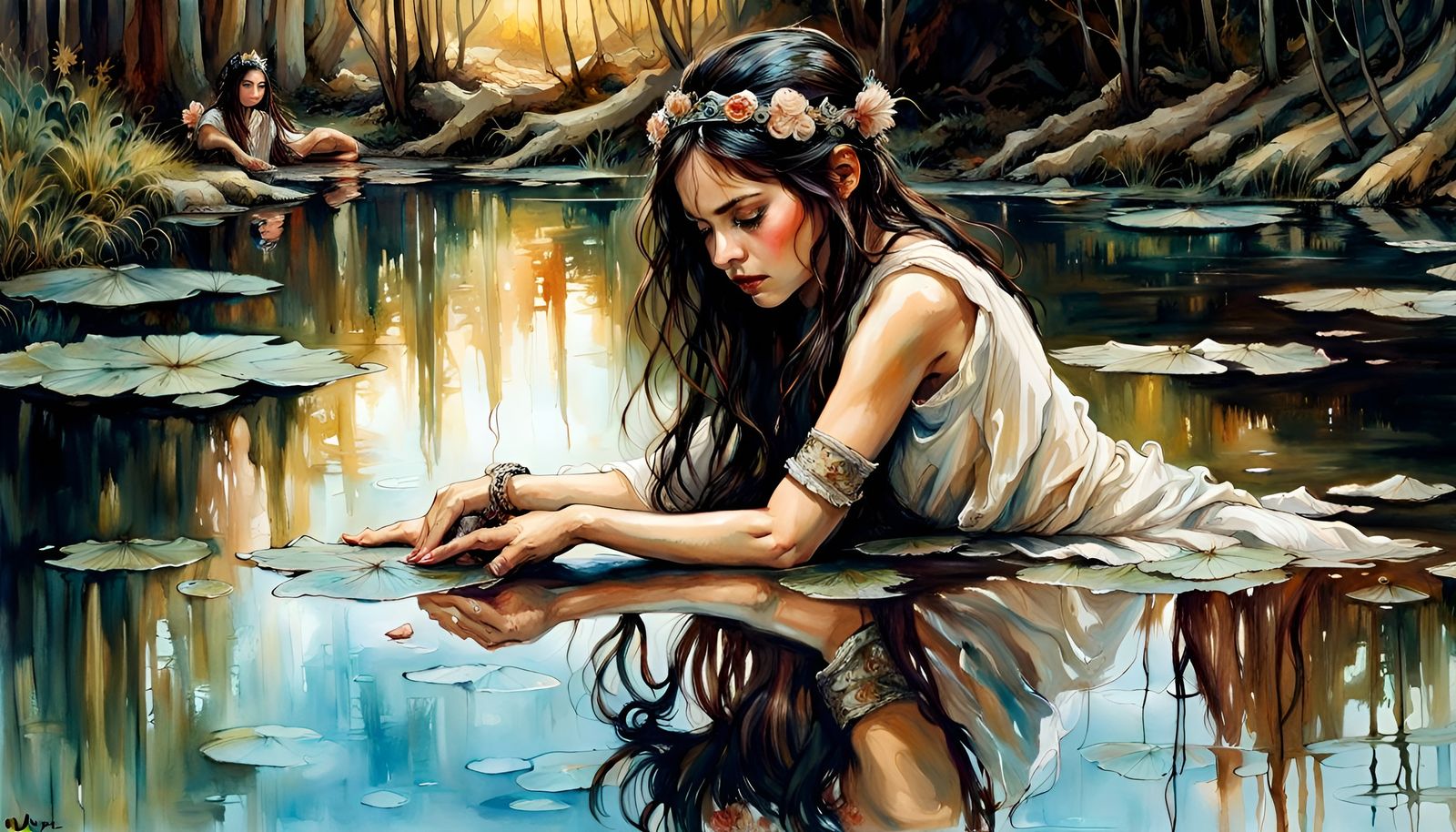 Fantasy Princess Reflecting in Pond, Detailed Art